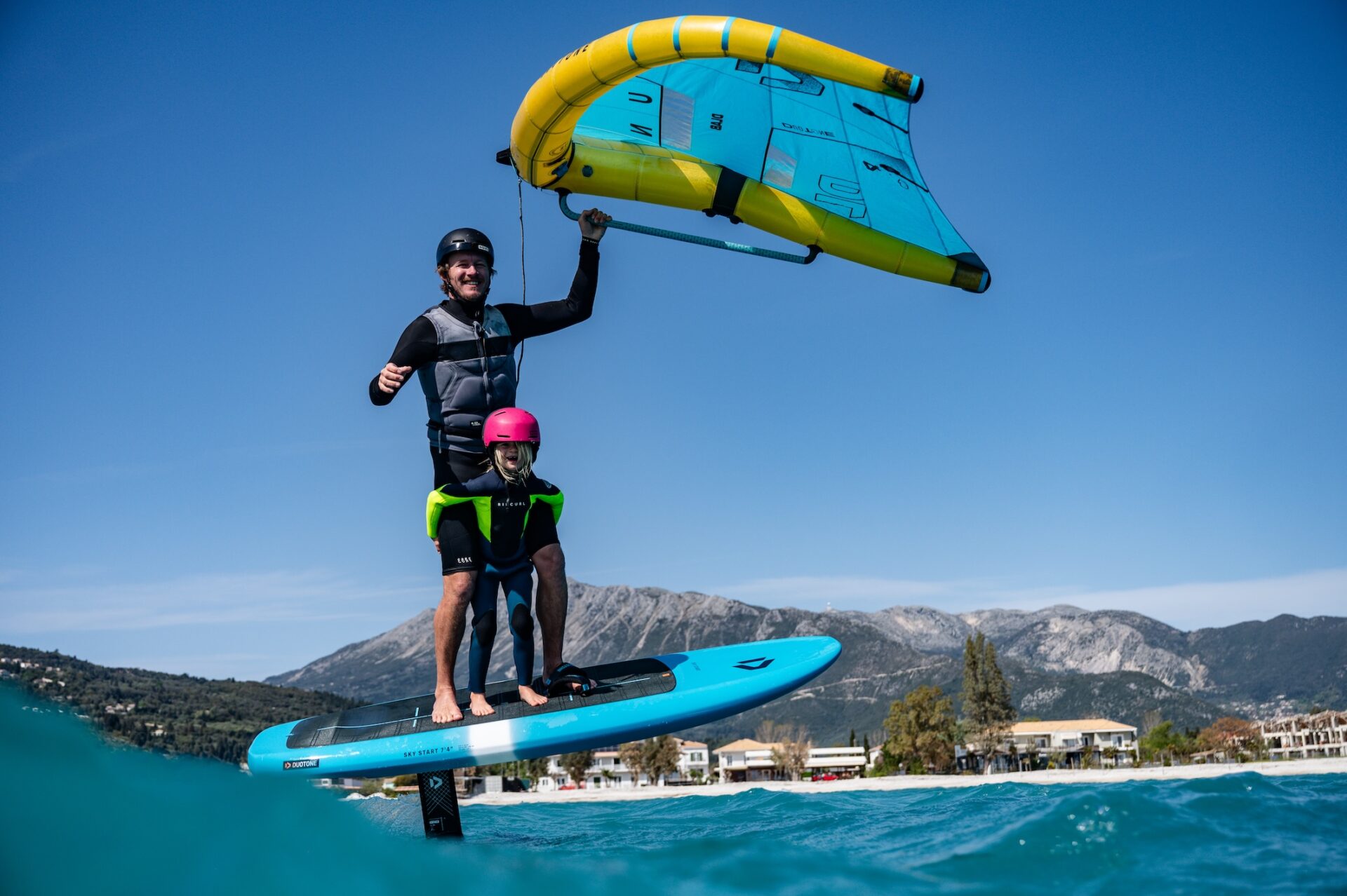 Vass Beach House Team wing-foiling in Vassiliki